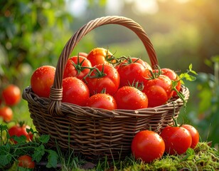 Wicker basket overflowing with juicy, ripe tomatoes