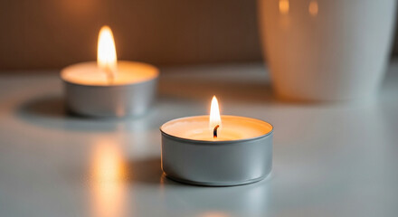 Two lit tealight candles on a table with soft light background  