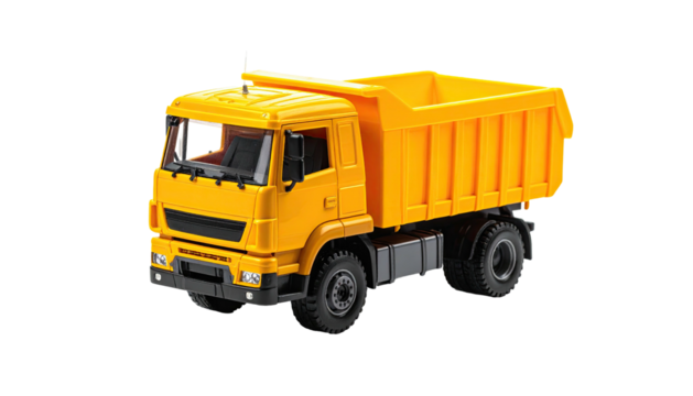 Isolated vibrant yellow toy dump truck with black chassis