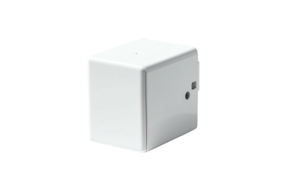 White rounded cube object against a black background