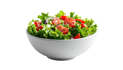 Fresh salad in white bowl, tomatoes, lettuce, onions on black