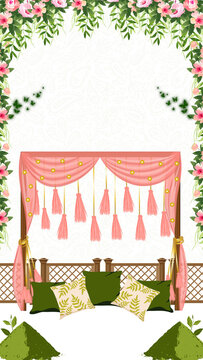 Wedding Invitation Mehandi Green and Pink Floral Indian Blank Card Background