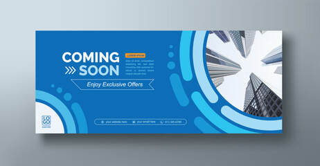 Blue corporate web banner mockup, a social media template for branding and a cover header background for websites