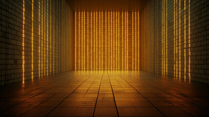 Glowing binary code wall, digital data room, futuristic technology, orange light, abstract