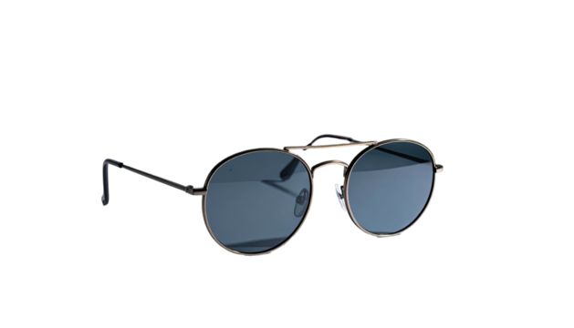 Round sunglasses with a bridge, on black, angled