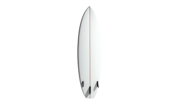 White surfboard with black fins, viewed from the top