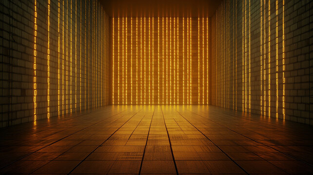 Glowing binary code wall, digital data room, futuristic technology, orange light, abstract