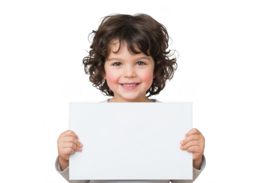 A happy young child with curly dark hair smiling and holding a blank white sign isolated on transparent background