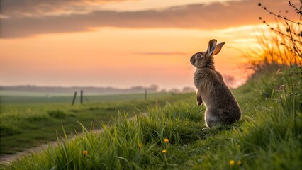 Wild european rabbit standing upright on hind legs in a grassy field at golden sunset with warm lens flare