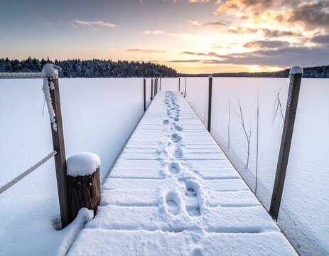 Wooden dock in a snowy landscape with footprints and sunset