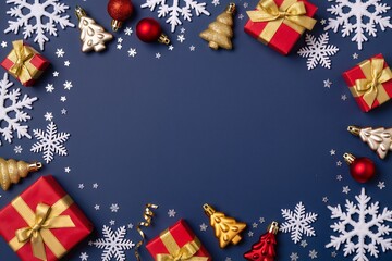 A dark blue New Year's background with space for text, red wrapped gifts, Christmas tree balls, and snowflakes around the perimeter.