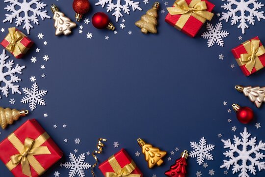 A dark blue New Year's background with space for text, red wrapped gifts, Christmas tree balls, and snowflakes around the perimeter.