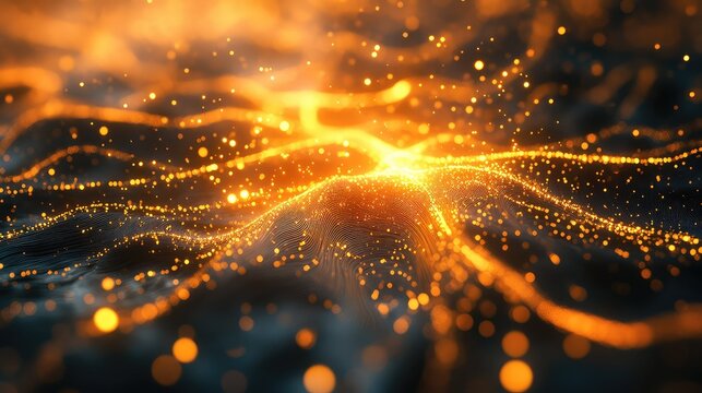 Digital data network connecting grid with flowing particles