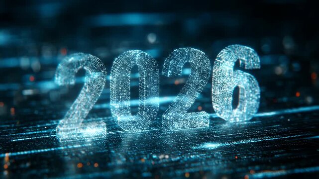 Futuristic digital 2026 year glowing in blue light technology theme