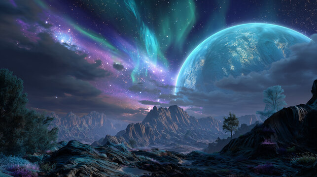 Exomoon Landscape Under Aurora