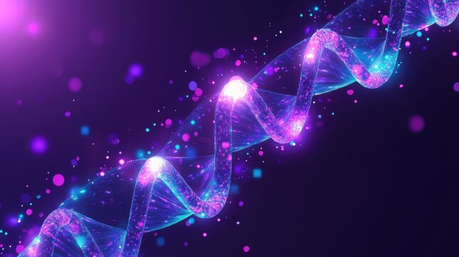 Dna helix structure glowing with purple and blue light