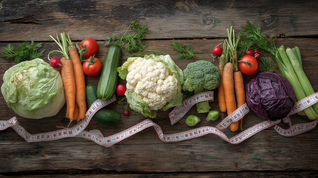 tape. Fresh vegetables neatly arranged with a measuring tape on a wooden surface, symbolizing health and precision. menu design.