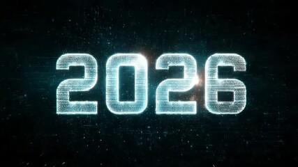 Digital 2026 glitch aesthetic with futuristic neon numbers and binary code - Powered by Adobe