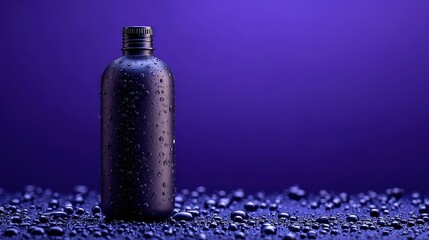Dark Matte Bottle with Water Droplets on Textured Purple Background and Reflective Surface.