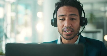 Laptop, call center and business man in office for language translation, customer service and help. Computer, hotline and talk with agent for virtual assistance, multilingual support and contact us - Powered by Adobe