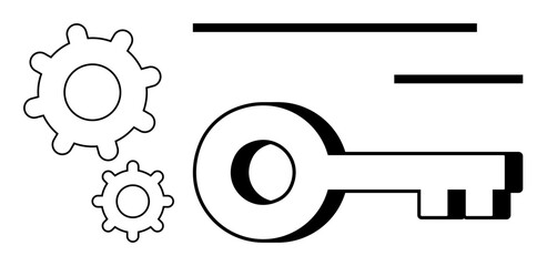 Key and two gears in a minimal black and white design suggesting unlocking potential and functionality. Ideal for innovation, solutions, technology, security, precision, problem-solving, simple flat