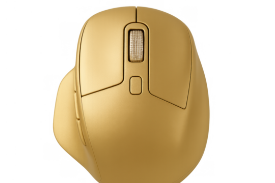 Golden wireless computer mouse presenting modern technology, a luxury peripheral, and high-end computing. Transparent background