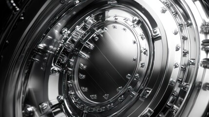 Massive circular vault door, intricate locking bolts visible, polished chrome, leading to an unknown secure area, dramatic side lighting