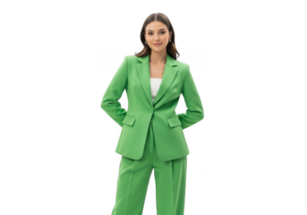 Young professional woman wearing a vibrant green tailored suit with a white top standing confidently isolated on transparent background