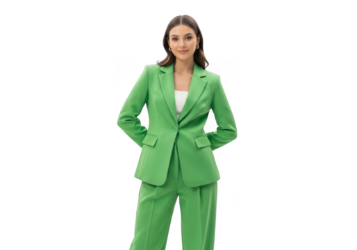 Young professional woman wearing a vibrant green tailored suit with a white top standing confidently isolated on transparent background