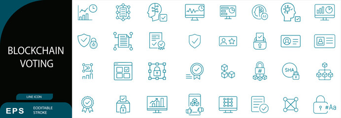 Blockchain voting line vector icon set election security system