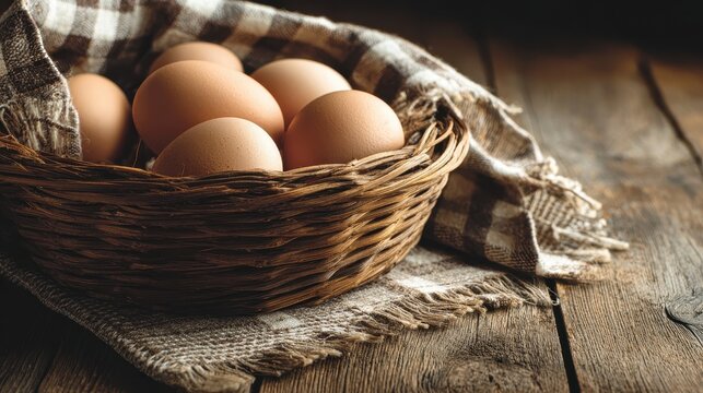 Wholesome Brown Eggs in Wicker Basket, Rustic Wood, Gingham Fabric, Soft Light.