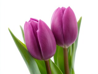 Fototapeta premium Against a white background, two delicate purple tulip flowers with luminous petals are softly illuminated