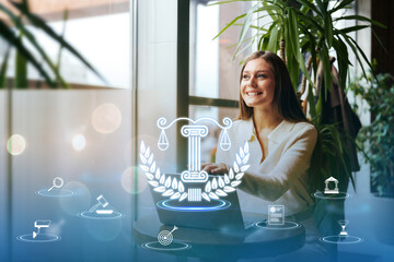 Law student studies legal concepts in a modern cafe with digital icons around her