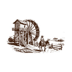 Vintage illustration of a watermill with a man riding a horse, isolated on