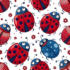 Fototapeta premium Seamless vector cartoon pattern with ladybugs, red and blue, nature and cute floral design illustration.