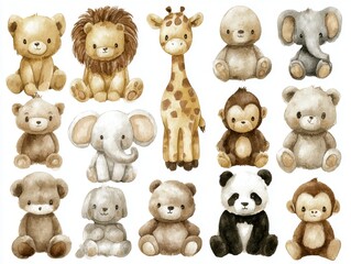 Obraz premium A collection of watercolor illustrations features cute animals including bears, elephants, lions, and giraffes