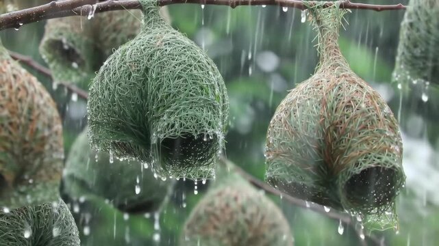 Rainy day view of Weaver bird nests hanging from branch in nature setting.