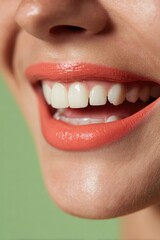 Soft Glossy Coral Smile on Pastel Green Background Highlighting Youthful Charm and Positivity
