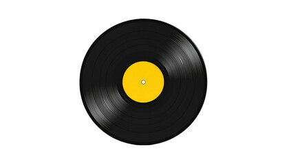 Fototapeta premium Black vinyl record with a yellow center isolated on a black background with concentric rings