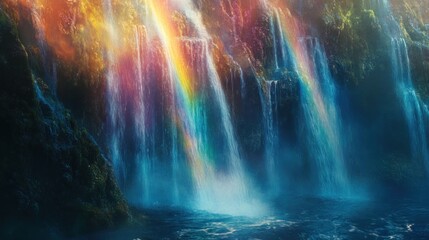 Waterfall whose mist forms miniature rainbows and spectral figures, enchanted forest, soft focus