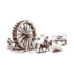 Vintage illustration of a man riding a donkey next to a water wheel