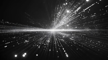 Flowing digital data stream particles across dark background