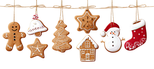 Festive holiday gingerbread cookies hang from a string