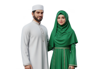 A muslim man and woman dressed in traditional islamic attire stand together showcasing their cultural heritage isolated on transparent background