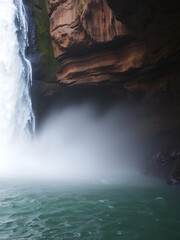 A serene waterfall cascading down a cliffside, representing the flow of creativity and the power of overcoming obstacles.