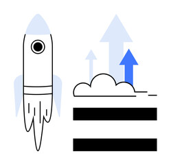 Rocket blasting off beside upward arrows and cloud accents, symbolizing growth, innovation, progress, success, startup, development, and upward momentum. Ideal for business technology startup