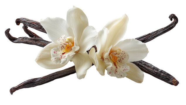 Creamy white orchid blossoms adorn dark vanilla bean pods