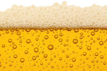 Beer foam and bubbles texture with refreshing golden lager background, pouring carbonated alcoholic drink on transparent layer