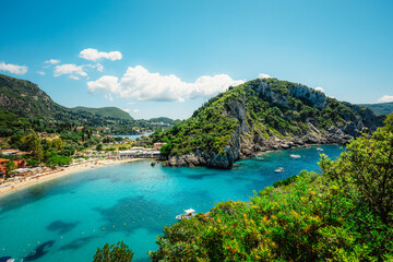 Obraz premium Holy Monastery of the Virgin Mary at Paleokastritsa in Corfu. Palaiokastritsa bay on the Greek island of Corfu