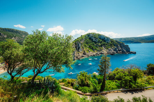 Holy Monastery of the Virgin Mary at Paleokastritsa in Corfu. Palaiokastritsa bay on the Greek island of Corfu